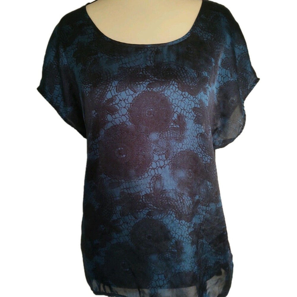 Hinge Indigo Blue/ Black Short Sleeve Sheer Shell Size Small Lace Floral Detail